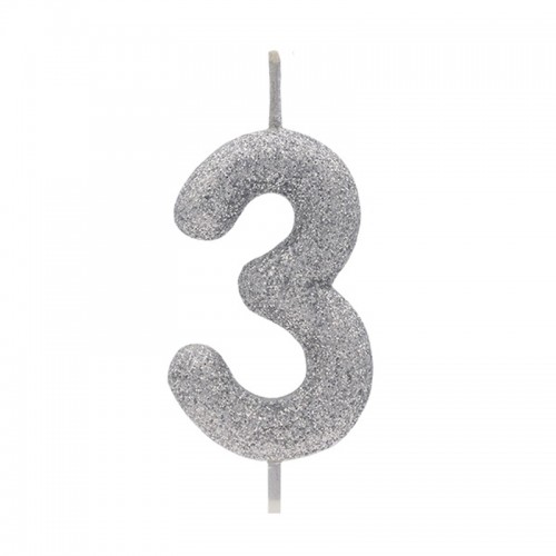 Vela Número 3 Prateado Glitter